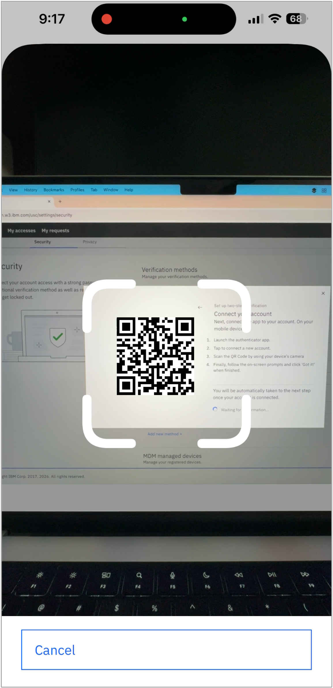 IBM Verify camera view for scanning a QR code