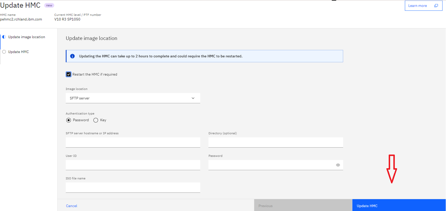 [Screenshot: Figure 2 — Update HMC — Image location set to SFTP server with credentials entered]
