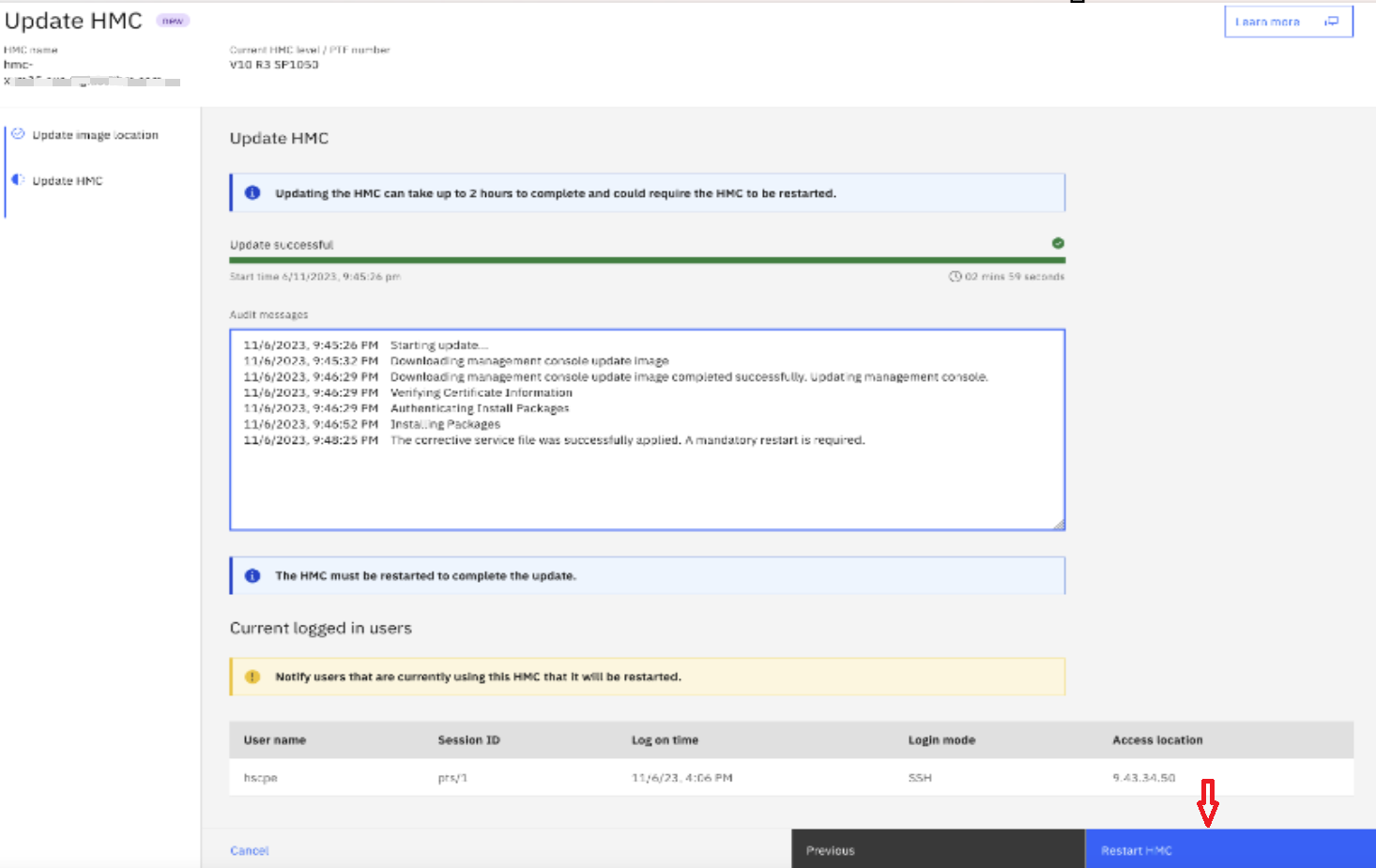 [Screenshot: Figure 3 — Update HMC successful — Restart HMC button]