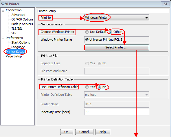 Print screen of Printer Setup settings, identifying Print To as Windows Printer, Choose Windows Printer as Other and the Select Printer button highlighted and Use Printer Defintion Table as No