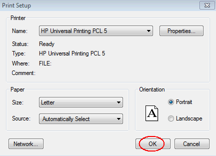 Print sreen of Print Setup window