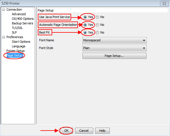 Print screen of Page Setup settings showing Use Java Print Service as Yes, Automatic Page Orientation as Yes and Best Fit as Yes with the OK button highlighted