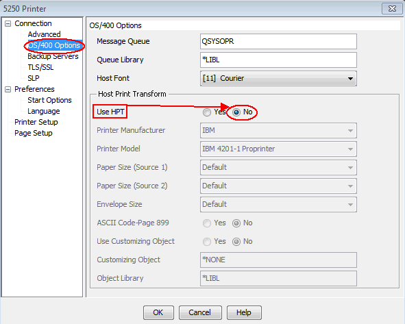 Print screen of the OS/400 Options setting identifying Use HPT as No