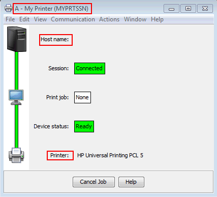 Print screen of the started printer session highlighting the Session Name at the top, the Host Name and Printer