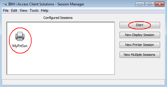 Print screen showing the configured and saved printer session in Session Manager