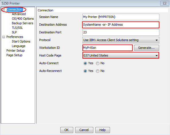 Print screen of ACS 5250 Printer Connection settings, hightlighting the Destination Address, Workstation ID and Host Code Page