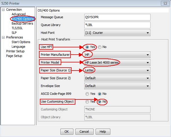 Print screen of OS/400 Options settings, highlighting USE HPT as YES, Printer Manufacturer as HP, Priner Model as HP Laser Jet 4000 series, Paper size as Letter and Use Customizing Object as No