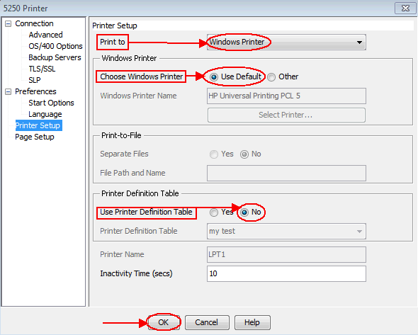 Print screeen of Printer Setup options with the Print To option specified as Windows Printer, the Choose Windows Printer setting set to Use Default and the appropriate Windows Printer Name is identified and Use Printer Definition Table is set to No.