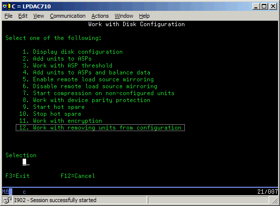 Work with disk configuration screen shot showing the new option 12 - work with removing units from configuration