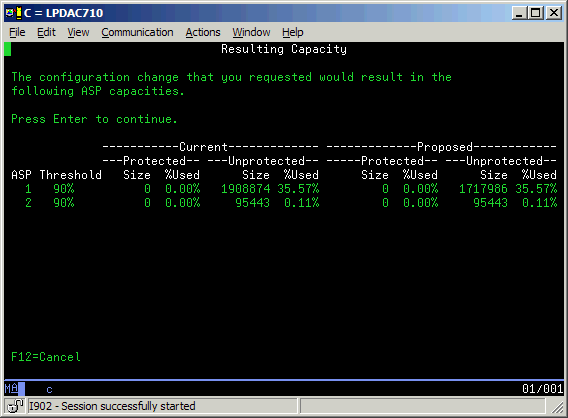 Resulting capacity screen shot showing current size and percent used for the ASP and the proposed values after disk removal