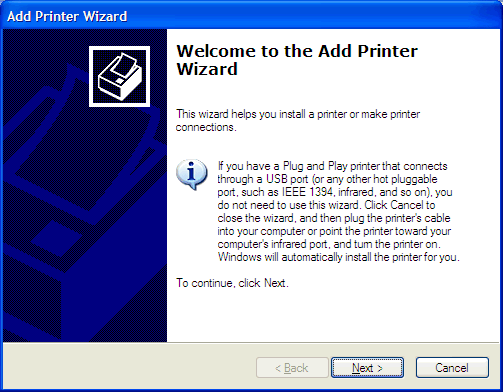 This print screen shows the Add Printer Wizard which is typically used to install a new printer within Microsoft Windows.