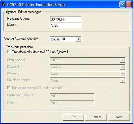 This print screen shows the PC5250 Printer Emulation Setup dialog box with the default settings, including having the message queue set to QSECOFR in library *LIBL, and having "Transform print data to ASCII on System i" unchecked.