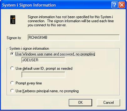 This print screen shows the System i Signon Information dialog box.