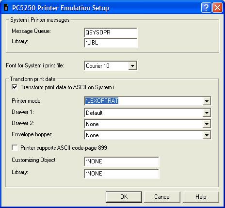 This print screen shows an example of the PC5250 Printer Emulation Setup dialog box after selecting the Printer model.