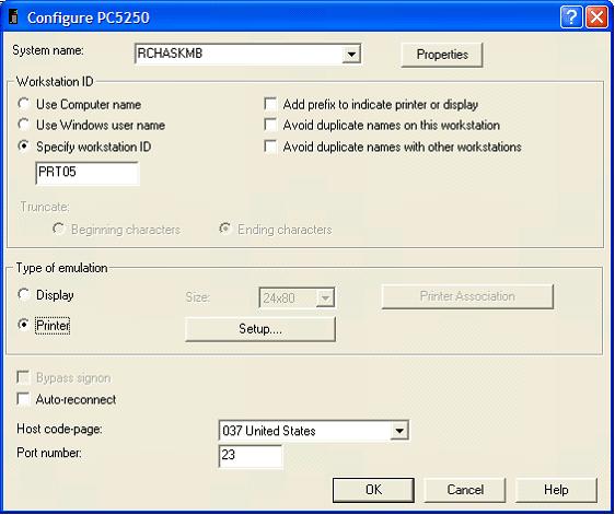 This print screen shows the Configure PC5250 dialog box prior to clicking on the OK button.