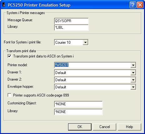 This print screen shows the PC5250 Printer Emulation Setup dialog box when setting the printer model of *WSCST.