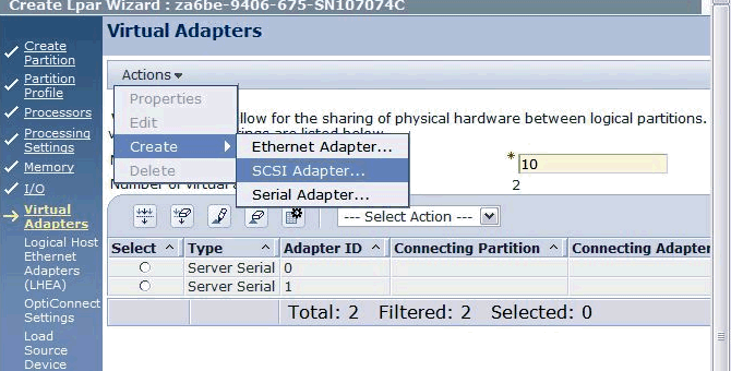 This is a screen shot of the Vritual Adapters screen in the Create Logical Parittion.