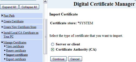 Picture showing certificate import, selection of certificate type.
