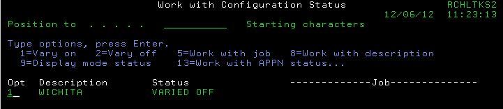 Picture of the WRKCFGSTS screen with NWSD in Varied off status.