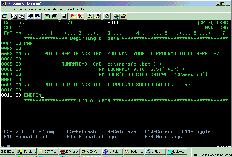 Pressed Enter after ENDPGM to complete the program, pressed F3 to Exit.
