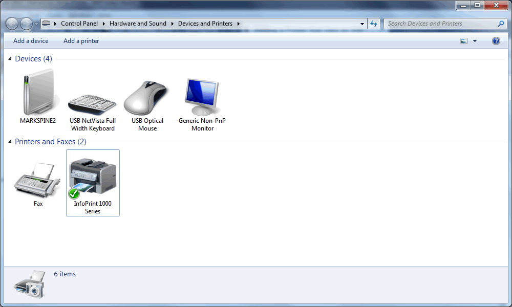 This screen shows an example of the Devices and Printers panel.