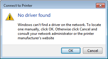 Windows may report that no driver was found for the selected print share.