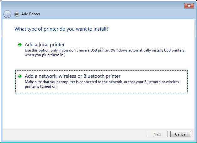 This print screen shows the Add Printer panel with the "Add a network, wireless or Bluetooth printer" option highlighted.
