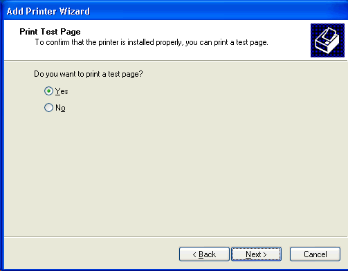 For the question "Do you want to print a test page?" the answer "Yes" is selected.
