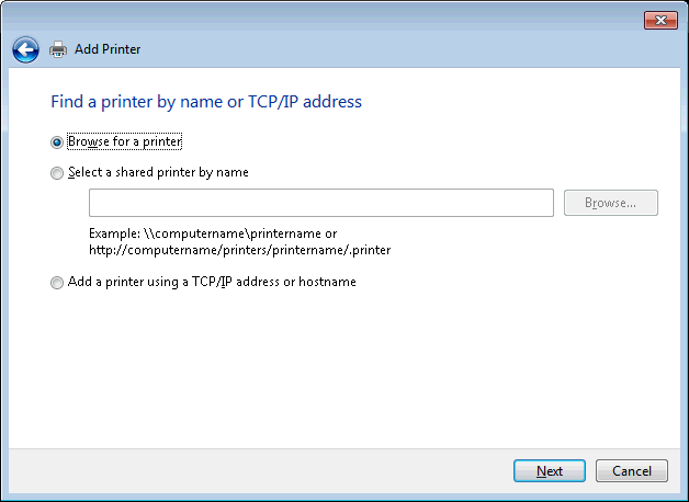 The option "Browse for a printer" is selected in the "Find a printer by name or TCP/IP address" window.
