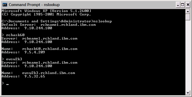 DOS window of nslookup 