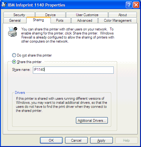 On the Sharing tab of the printer Properties window, "Share this printer" is selected and the Share name IP1140 is specified.