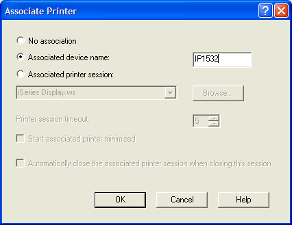 This screen shot shows an example of the Associate Printer dialog box with an associated printer device name specified.