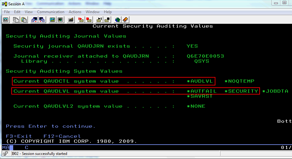 DSPSECAUD command output