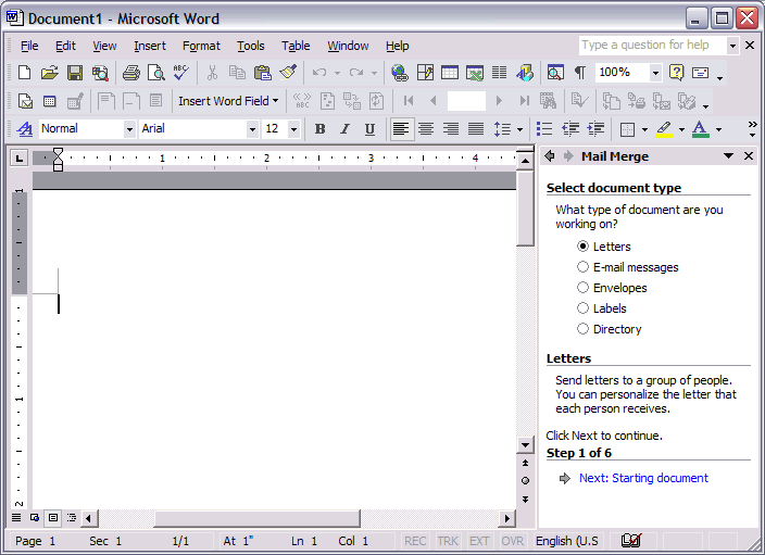 Microsoft Word Mail Merge Wizard step 1