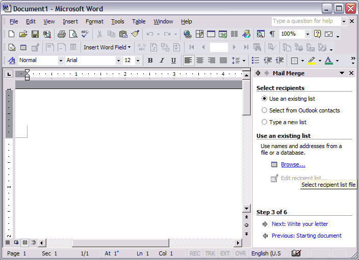Microsoft Word Mail Merge Wizard, step 3