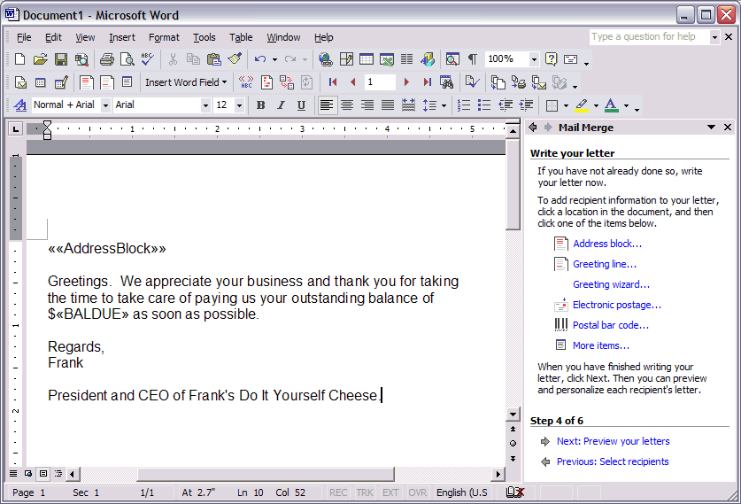 Mail merge document showing field placeholders