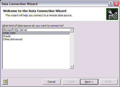 Select 'ODBC DSN' In the data connection wizard window.