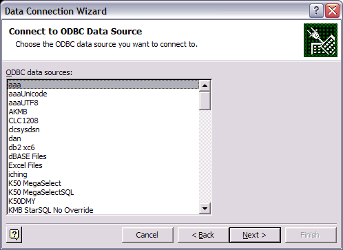 Select the ODBC data source from a list.