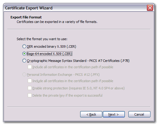 Certificate Export Wizard showing Base 64