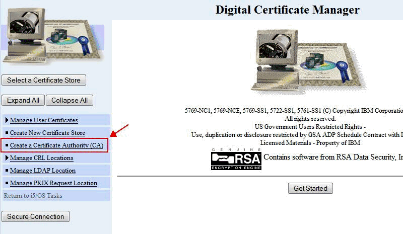Picture of 'Create a Certificate Authority (CA)' link in DCM