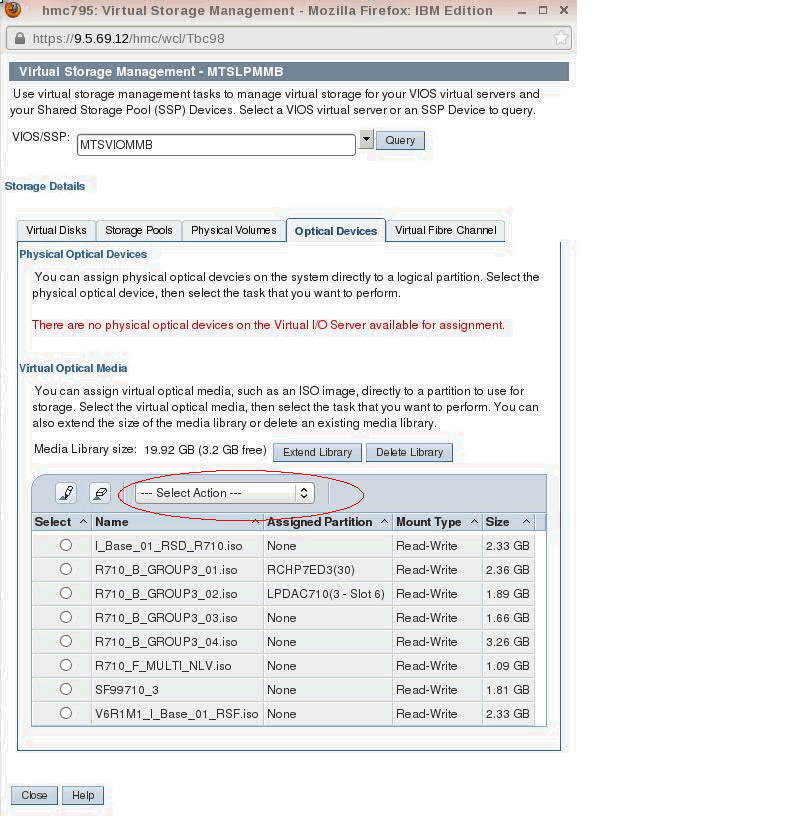 Screen shot of the Virtual Storage management screen from HMC.