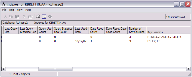 This image is of the "Show indexes" screen in iSeries Navigator showung the lasr used date, query use count, days used count, query stastics use count, number of key columns and the key columns.
