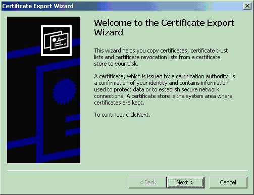 This is the Welcome to the Internet Explorer Certificate Export Wizard window.