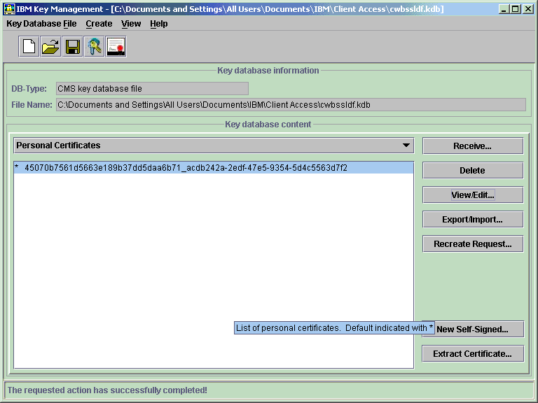 The IBM Key Managment window shows the imported Personal Certificate.