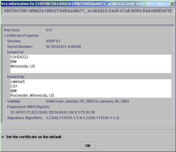 The IBM Key Management window has "Set the certificate as the default" selected.