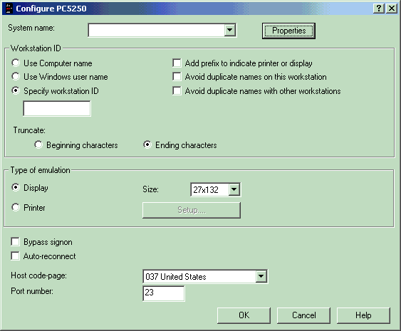 This is the Properties window for IBM iSeries Access for Windows PC5250 Emulator.