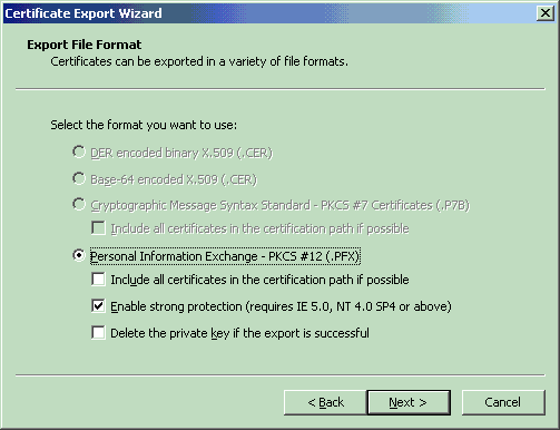 The Internet Explorer Certificate Export Wizard has "Personal Information Exchange" selected.
