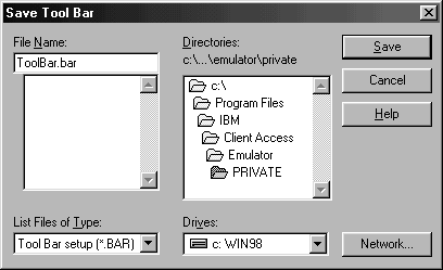This print screen shows an example of the Save Tool Bar dialog box.