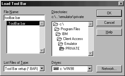 This print screen shows an example of the Load Tool Bar dialog box.