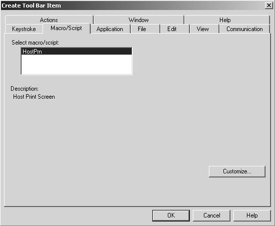 This print screen shows an example of the Create Tool Bar Item dialog box.